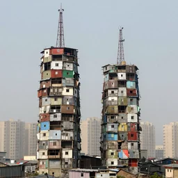 two towers, made up of makeshift squatter shacks with faded colours, plain uniform sky at the back, uneven fog, dystopia, mamiya, f 1 1, fully frontal view, ultra sharp, very detailed, photographed by julie blackmon