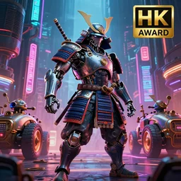 A wide shot of a cyborg samurai, cyberpunk background with steampunk vehicles. High action glowing neon lights, digital art, artstation, cinematic, volumetric lighting, Award winning, ultra high resolution, intricate details, rendered with unreal engine, octane render, UHD 8K