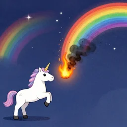 illustration of a unicorn lighting a fart on fire which becomes a rainbow.