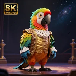 Alexander Hamilton style of a parrot wearing a beautiful  Costume on stage, on a dark nebula background” digital Art, concept Art, highly detailed, 3-D 4K, trending on art station, Award winning, Mark Brooks, -768