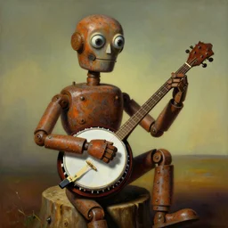 rusty robot, playing a deering banjo, sitting on a stump, high detail, tyle of salvador dali, painting by rene magritte, trending on artstation, retrofuturism, style of michael cheval, hyper realistic, s, 8 k