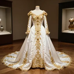 the film still photographed image is of this image is of a 1 9 0 0 s haute couture opera ensemble gown inspired by pluto. the gown is featured in a museum and is on display for all to see. the gown is a beautiful white color with intricate gold detailing. the train of the gown is long and flowing, and the overall look is very regal and elegant. vibrant cinematography, anamor