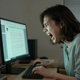 UHD hyperrealistic photorealistic detailed image of a woman screaming at her computer in rage while reading some text, on the screen is a chat program with a green undertone by Ayami Kojima Amano Karol Bak, Greg Hildebrandt and Mark Brooks