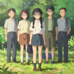 a beautiful full body portrait of a young woman with twin thick braids, wearing glasses, standing in a park, makoto shinkai, james gilleard,  lois van baarle, ilya kuvshinov, rossdraws, very detailed, matte, gaussian blur, tone mapped