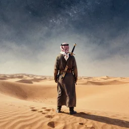 an arab person with swords on his back standing in the desert with sky with stars in watercolor, cinematic, highly detailed wide, atmospheric lighting, muted colors