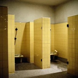 60s movie still of a sovietic stalinist style empty clean prison shower with yellow tiles and tryophobia, cinestill 800t 50mm eastmancolor, liminal Space style, heavy grain