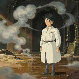realistic interior shot from howl's moving castle ( 2 0 0 4 ) of a grey scientist and swirling clouds in a flooded ancient desert atlantis. cartoon, depth of field.
