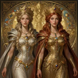 Chrysta bell ans sasha luss as slavic Goddess and queen, intricate, highly detailed, digital painting, artstation, concept art, smooth, sharp focus, illustration, Unreal Engine 5, 8K, art by artgerm and greg rutkowski and alphonse mucha