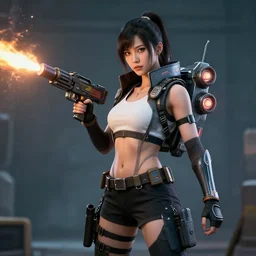 photo of a female cyberpunk warrior with jetpack and flamethrower
