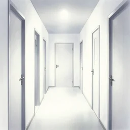 “A creepy bright white hallway with many doors by Junji Ito, detailed background”