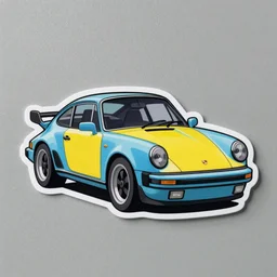 sticker on a wall of a porsche 9 1 1 blue and yellow, cartoon style