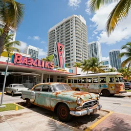 low wide angle shot of dilapidated fallout 5 miami, tropical coastal city, desolate, dilapidated neon signs, just a rusted retro futuristic vintage parked vehicles like cars, buses, trucks, trams, sunny weather, few clouds, volumetric lighting, photorealistic, daytime, spring, sharp focus, ultra detailed, 4 0 0 0 k, technicolour 1