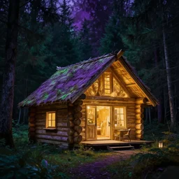 portrait of an ethereal log cabin made of golden purple and green light, evergreen forest, divine, cyberspace, mysterious, dark high-contrast concept art