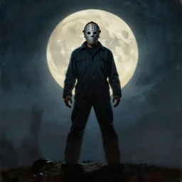 close portrait, centered jason voorhees standing on a hill, powerful pose, scary, horror, giant moon, dramatic sky, shadows on side, cinematic, side light, backlighting, oil painting by frazetta