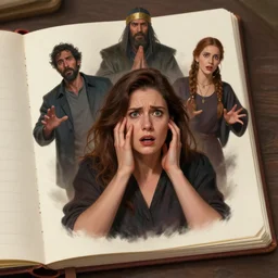 realistic portrait of a female author terrified at three male and one female characters emerging out of a notebook like genies, aesthetic!, trending on artstation, detailed digital art,