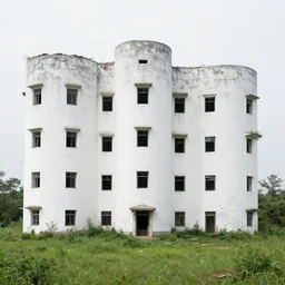 enormous white building with small windows in the middle of a green pairie, strange, disproportioned, weird, odd architecture, hyper detailed, whitewash, old, abandoned,