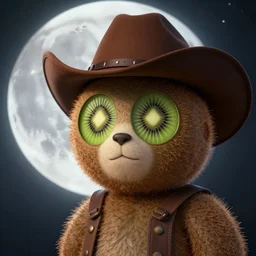 moon kolobok with kiwi eyes and cowboy hat on its head