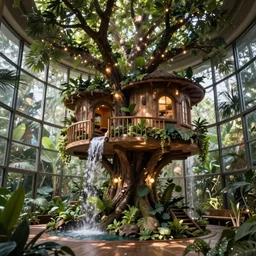 interior architecture of a tree house within a large windowless room, fairy lights, waterfalls, plants