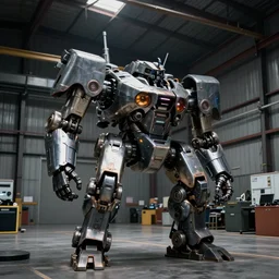 metal gear mech in a warehouse, dramatic shot, 1 9 8 7, movie still