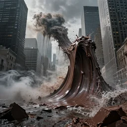 tsunami of liquid chocolate on new york, post apocalyptic, cinematic