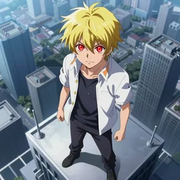 light yagami with glowing red eyes standing on a skyscraper, anime,