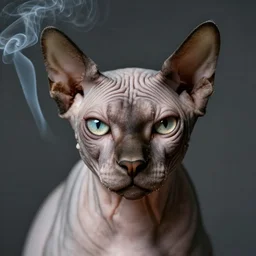 photographic portrait of a wrinkly sad max ernst hairless cat face, editorial, spiraling cigarette smoke