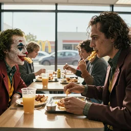 movie scene of x - men and joker eating breakfast in mcdonald's, worm lighting, sunny day, dark knight ( 2 0 0 8 )