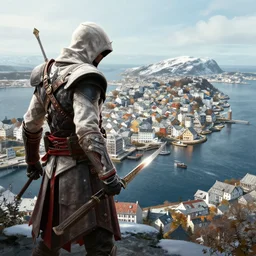 digital painting of a video game concept art of assassin's creed in alesund norway, released by ubisoft in 2 0 3 0, trending on artstation, next - gen, highly detailed, impressive, amazing, astonishing, incredible, never seen before