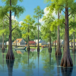 A baldcypress marsh in the bayous of Louisiana, Cajun fishing village. Trending on Artstation. Illustration by Walt Disney