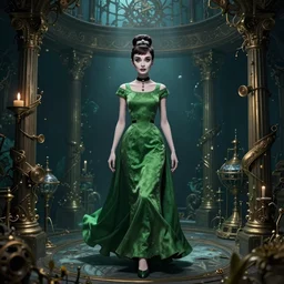 in the style of joshua middleton, artgerm, beautiful audrey hepburn, steampunk, bioshock, full body green dress, elegant pose, middle shot, spooky, symmetrical face symmetrical eyes, three point lighting, detailed realistic eyes, short neck, insanely detailed and intricate elegant, underwater home