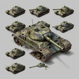 overhead view, digital painted ruined tank spritesheet, plain matte background, unity asset store, by greg rutkowski, trending on artstation