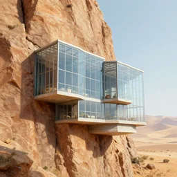 lateral view, habitat 7 6 glass house built on the side of a vertical cliff, brutalist architecture, desert, digital painting, detailed, highly detailed, smooth, sharp focus, 3 d rendering, octane, unreal engine, moebius, digital, maya, award winning, trending on artstation