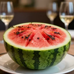 8 5 mm food photography of a large grilled watermelon at a restaurant with dof and bokeh and wine glasses out of focus in the background. highly detailed 8 k. intricate. lifelike. soft diffused light. nikon d 8 5 0.