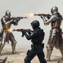 a swat police with ak - 4 7, shooting another medieval armored knight with long sword, two people, by caspar david friedrich, csgo poster, blue tint