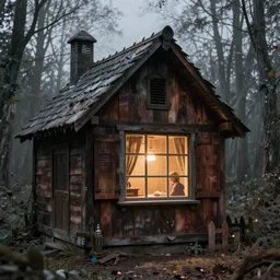 evil dead cabin in the woods at night. lights on in window by josan gonzalez splash art graphic design color splash high contrasting art, fantasy, highly detailed, art by greg rutkowski