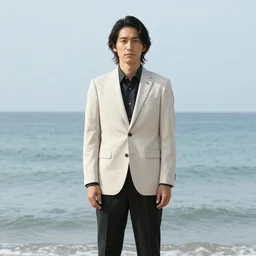 japanese man with long hair wearing a beige suit and black pants standing in the ocean, looking at the camera, sunset, night, wide shot, ((tatsuro yamashita)), album cover, 1981, grammy award winning