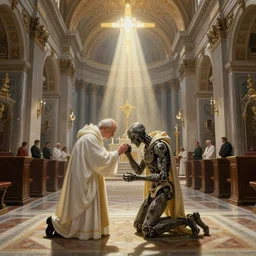 a priest baptizing a cyborg in a vatican church wide - angle. holy light. painting.