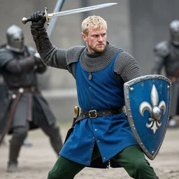 an olive skinned, brave, medieval knight with a blue cloth tunic over chainmail. he has green pants and black leather belt and a coin pouch. in his left hand he is holding a blue shield with fleur - de - lis symbols and raising a short sword in the other. he is engaged in an epic gladiator battle. game of thrones, realistic, photograph by new york times