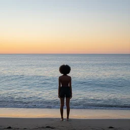 a black girl with an afro standing on the shore of a vast endless opal ocean at sunset, by simon stalenhag