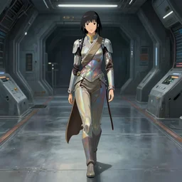 beautiful Himalayan woman, sci-fi tibetan fashion, waslking empty hall of a spaceship, futuristic, somber, iridescent body suit, by Makoto Shinkai and Wojtek Fus, by studio trigger, rossdraws, ambient occlusion