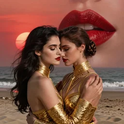 woman love woman, sweet hugs, gold trim, atmoshperic, elegant, sharp focus, sand sea, red sun, huge lips, by knight zhang queen of pain. intricate details