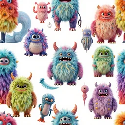 a seamless pattern of surreal colorful fluffy elaborate and detailed futuristic monsters, complicated surreal monsters, fun patterns, detailed accents, monster details, colorful