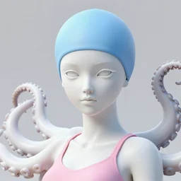 full head and shoulders, beautiful porcelain female person, smooth, delicate facial features, white detailed eyes, white lashes, wearing a pale blue swimming cap and pale pink swimming costume, 3 d white shiny thick, large octopus tentacles by daniel arsham and james jean