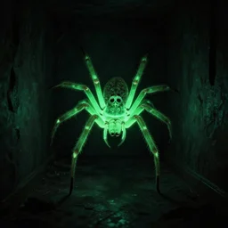 a glowing green spider una very dark room, scary