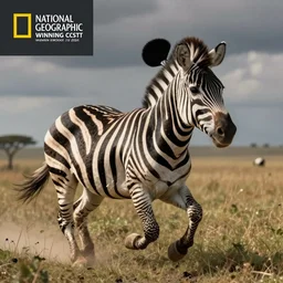 a zebra with a face and ears of panda, running in savana, national geographic winning contest photo