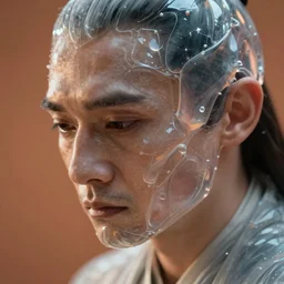 hyperrealistic close-up translucent intricate exoskeleton!! sad chinese man covered highly detailed concept art eric zener elson peter cinematic side soft orange light high angle hd 8k sharp shallow depth of field