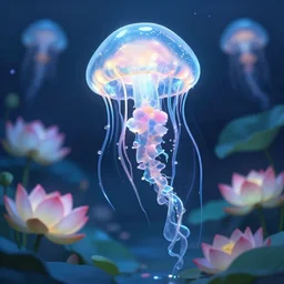 lotus garden of ice jellyfish. award - winning 3 d anime by an indie studio, heavily stylized, rimlighting, depth of field, limited but vibrant palette, impressionism, chiaroscuro, bokeh.