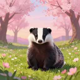 album art of a badger sitting in a flower meadow at pink sunset, sakura trees, artstation trending