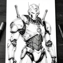 robot knight portrait, cyberpunk 2 0 2 0 manual, by steampoweredmikej, by tim bradstreet, inktober, ink drawing, black and white, coloring pages, manga, highly detailed