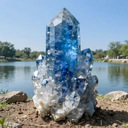 giant massive blue quartz crystals coming out of the ground, very tall crystals, surrounding a small lake, 2 0 mm, 8 k, high quality